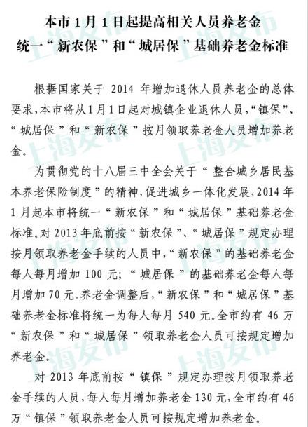 上海提高城镇企退、镇保、城居保和新农保人员
