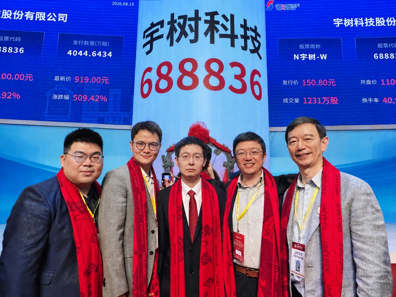 （从右至左）光合创投创始合伙人宓群、合伙人朱嘉、宇树科技创始人王兴兴、光合创投副总裁胡培培和张钰琪在宇树科技上市现场